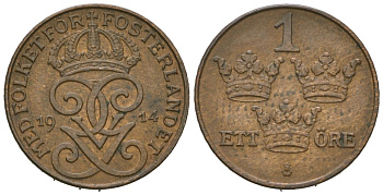 Швеция 1 эре 1914 закрытая 4, Густав V (1907-1950) KM 777.2 бронза 4611-345