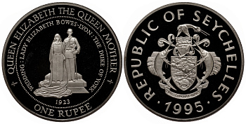 Сейшельские острова 1 рупия 1995 Королева Елизавета, королева мать, свадьба 1923 год, в оригинальном картонном буклете, тираж 3000 экз. KM 85 медно-никель PROOF 7-5-6-17