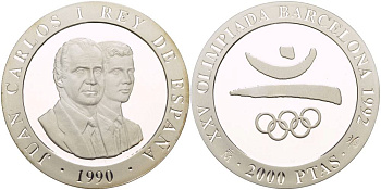 Испания 2000 песет 1990 XXV летние Олимпийские игры 1992 года в Барселоне, символика, олимпийские кольца KM 859 серебро PROOF 1081-8-13