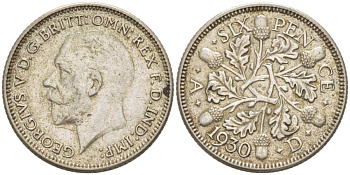 Великобритания 6 пенсов 1930 Георг V (1910-1936) KM 832, Spink 4040 серебро 218-833