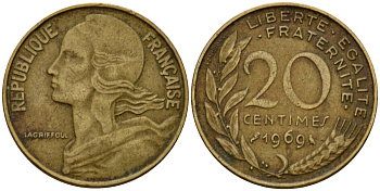 Франция 20 сантимов 1969 тип Marianne KM 930 алюминиевая бронза 4390-1154