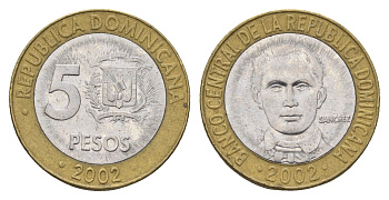 Доминиканская Республика (Доминикана) 5 песо 2002 Санчес KM 89 биметалл 4663-926