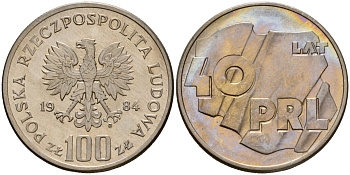 Польша 100 злотых 1984 MW, 40 лет образования Польской Народной Республики Y 151 медно-никель UNC 81-916