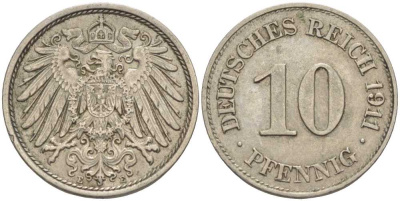 ГЕРМАНИЯ 10 ПФЕННИГОВ 1911 E KM 12, J. 13 медно-никель 31-1123
