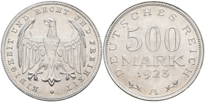 Германия 500 марок 1923 А KM 36, J.305 алюминий UNC 4587-121