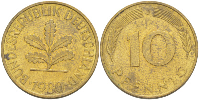 ФРГ 10 ПФЕННИГОВ 1980 J KM 108, J. 383 сталь плакированная латунью 4182-922