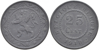 БЕЛЬГИЯ 25 САНТИМОВ 1918 BELGIQUE-BELGIE, ГЕРМАНСКАЯ ОККУПАЦИЯ, ПЕРВАЯ МИРОВАЯ ВОЙНА KM 82 цинк 3718-551