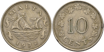Мальта 10 центов 1972 баржа Великого магистра KM 11 медно-никель 82-323