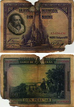 Испания 100 песет 1928 Мигель де Сервантес Сааведра, памятник Сервантесу, картина Дон Кихот Pick 76 а бумага 8609-37-1