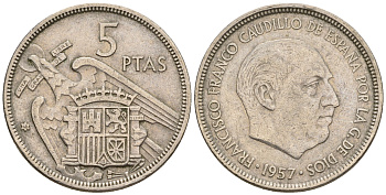 Испания 5 песет 1957 (68) Франциско Франко (1939-1975) KM 786 медно-никель 259-331
