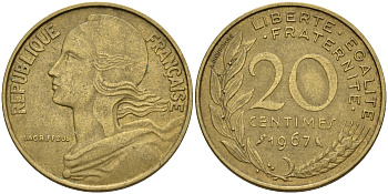 Франция 20 сантимов 1967 тип Marianne KM 930 алюминиевая бронза    4603-112