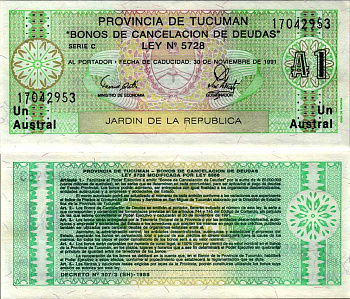 Аргентина, провинция Тукуман 1 аустраль 1991 Pick S 2711b бумага UNC (пресс) 6352-18-4-1