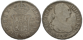 Испания 2 реала 1807 M FA, мондвор (Мадрид), Карлос IIII (1788-1808) KM 430.1 ( C69.1) серебро 650-821