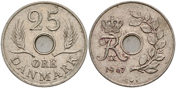 Дания 25 эре 1967 C;S, Фредерик IX (1947-1972) KM 855 медно-никель 4150-914