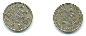 ПОРТУГАЛИЯ 2,5 ЭСКУДО 1976 ПАРУСНИК KM 590 медно-никель 3999-833