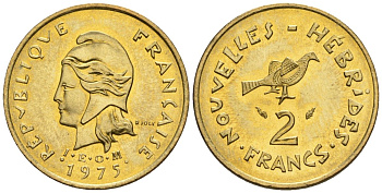 Французские Новые Гебриды 2 франка 1975 заморские территории KM 5.2 никель-латунь  aUNC  4609-938