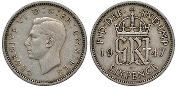Великобритания 6 пенсов 1947 Георг VI (1936-1952) KM 862, Spink 4105 медно-никель 4128-822
