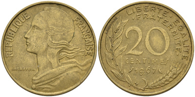 Франция 20 сантимов 1967 тип Marianne KM 930 алюминиевая бронза    4603-112