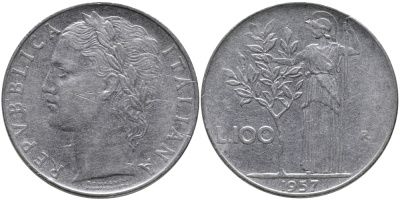 ИТАЛИЯ 100 ЛИР 1957 R, АФИНА KM 96.1 нержавеющая сталь 97-541