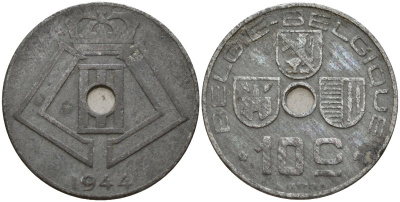Бельгия 10 сантимов 1944 Belgie - Belgique, Леопольд III (1934-1947), германская оккупация, Вторая мировая война KM 126 цинк 4161-344