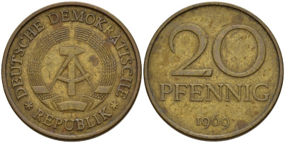 ГДР 20 пфеннигов 1969 A, первый год KM 11 латунь 92-517