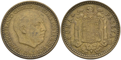 Испания 1 песета 1963 (65) Франсиско Франко (1939-1975) KM 775 алюминиевая бронза 4155-341