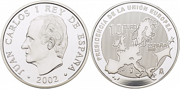 Испания 10 евро 2002 Председательство Испании в Евросоюзе, карта KM 1048 серебро PROOF 04-011-45