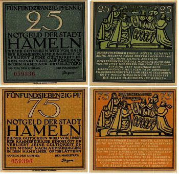 ХАМЕЛЬН НАБОР ИЗ 2 БАНКНОТ (25 И 75 ПФЕННИГОВ) 1921 1 ИЮНЯ И1921, НОТГЕЛЬД, ЗЕМЛЯ НИЖНЯЯ САКСОНИЯ, РЕГИОН ГАМЕЛЬН-ПИРМОНТ Keller 566.1 бумага 6318-24-2-2