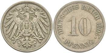 Германия 10 пфеннигов 1905 D KM 12, J. 13 медно-никель 34-326