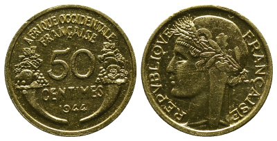 Французская Западная Африка 50 сантимов 1944 редкая KM 1, Lec 1 алюминиевая бронза aUNC 4381-928