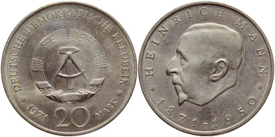 ГДР 20 марок 1971 А, 100 лет со дня рождения Генриха Манна (1871-1950) KM 33, J. 1531 медно-никель aUNC 1518-141