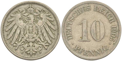 Германия 10 пфеннигов 1905 D KM 12, J. 13 медно-никель 34-326