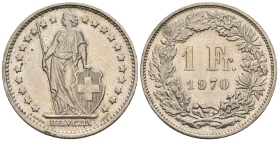 Швейцария 1 франк 1970 KM 24a.1 медно-никель 4610-1051