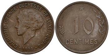 Люксембург 10 сантимов 1930 Шарлотта (1918-1964) KM 41 бронза 4577-556