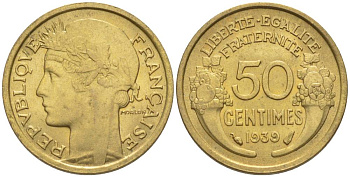 ФРАНЦИЯ 50 САНТИМОВ 1939 ТИП MORLON KM 894.1, LE FRANC 192.15 алюминиевая бронза 44-861