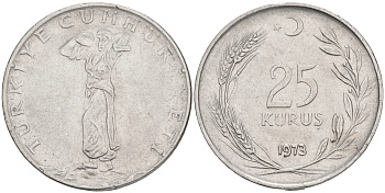 Турция 25 курушей 1973 KM 892.3 нержавеющия сталь4561-651