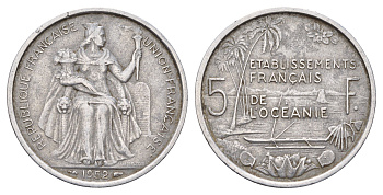 Французская Океания 5 франков 1952 год-тип KM 4 алюминий 180-1233