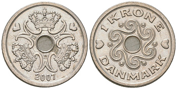 Дания 1 крона 2007 сердце, Маргрете II (1972-) KM 873 медно-никель aUNC 4561-521
