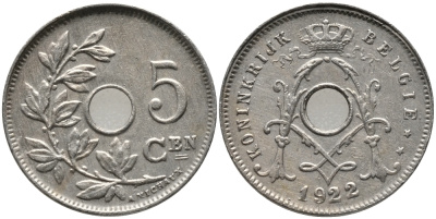 БЕЛЬГИЯ 5 САНТИМОВ 1922 BELGIE KM 67 медно-никель 76-118