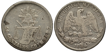 Мексика 50 сентаво 1884 CHa M, штат Чиуауа KM 407.1 серебро 1515-314