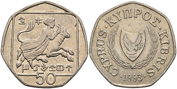 Кипр 50 центов 1993 похищение Европы KM 66 медно-никель 4141-1233