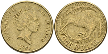 Новая Зеландия 1 доллар 1990 Елизавета II (1952-2022), птица киви KM 78 алюминиевая бронза 29-313