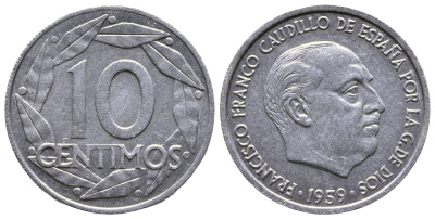 Испания 10 сентимо 1959 Франсиско Франко (1939-1975) KM 790 алюминий 76-1214