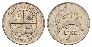 Исландия 5 крон 1984 дельфины KM 28 медно-никель 4591-945