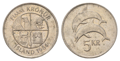 Исландия 5 крон 1984 дельфины KM 28 медно-никель 4591-945