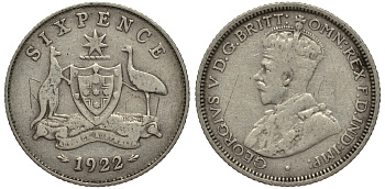 Австралия 6 пенсов 1922 Георг V (1910-1936), герб Австралии KM 25 серебро 272-132