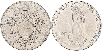 Ватикан 1 лира 1941 Пий XII, Дева Мария KM 26 a сталь UNC 63-1032