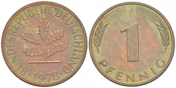 ФРГ 1 ПФЕННИГ 1978 J KM 105 J 380 сталь плакированная медью 3718-225
