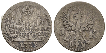 Франкфурт 1 крейцер 1773 BN, городской вид KM 253, J.u.F. 880 серебро 54-1022