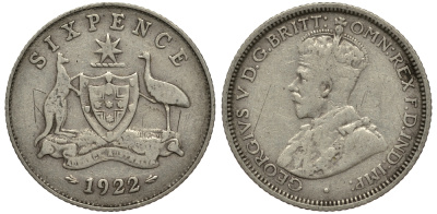 Австралия 6 пенсов 1922 Георг V (1910-1936), герб Австралии KM 25 серебро 272-132